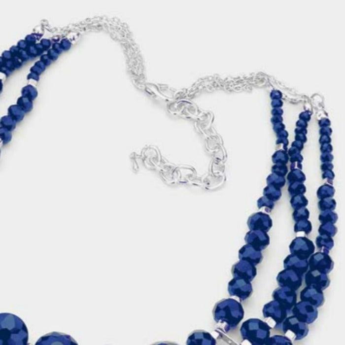 Blue Triple Layered Faceted Round Beaded Bib Necklace Set