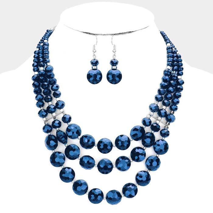 Blue Triple Layered Faceted Round Beaded Bib Necklace Set