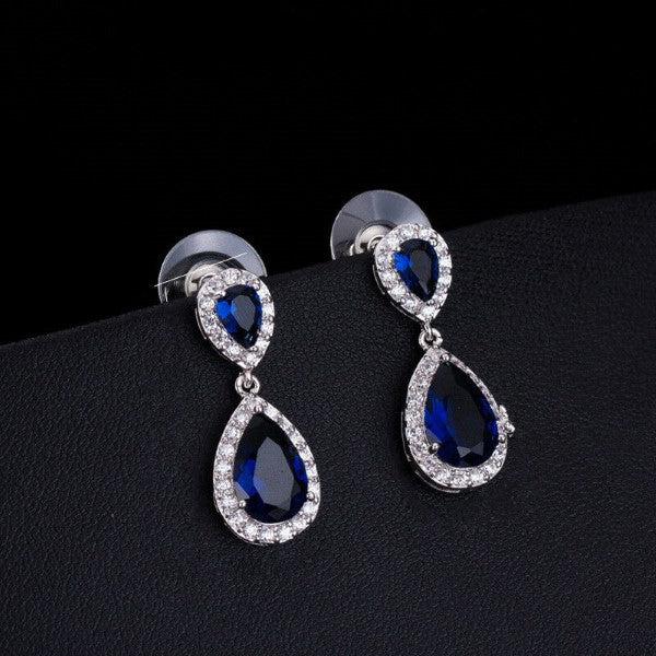 Blue & White Crystal Rhinestone Silver Teardrop Dangle Earrings-Earring-SPARKLE ARMAND
