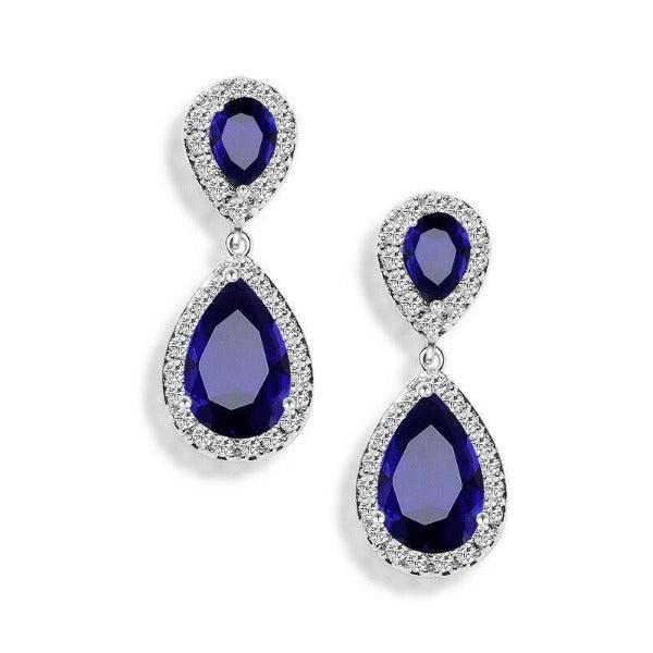Blue & White Crystal Rhinestone Silver Teardrop Dangle Earrings-Earring-SPARKLE ARMAND