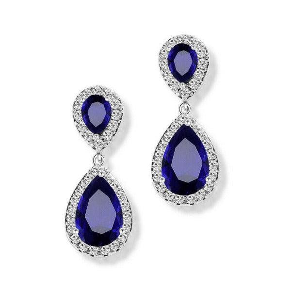 Blue & White Crystal Rhinestone Silver Teardrop Dangle Earrings-Earring-SPARKLE ARMAND