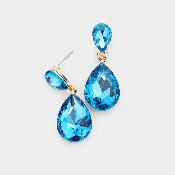 Blue Zircon Crystal Double Teardrop Earrings