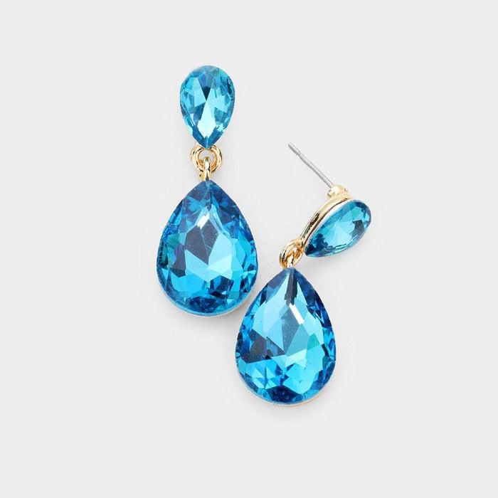 Blue Zircon Crystal Double Teardrop Earrings