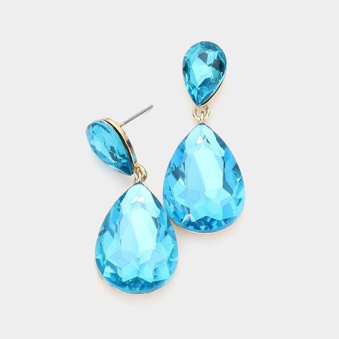 Blue Zircon Crystal Teardrop Gold Earrings