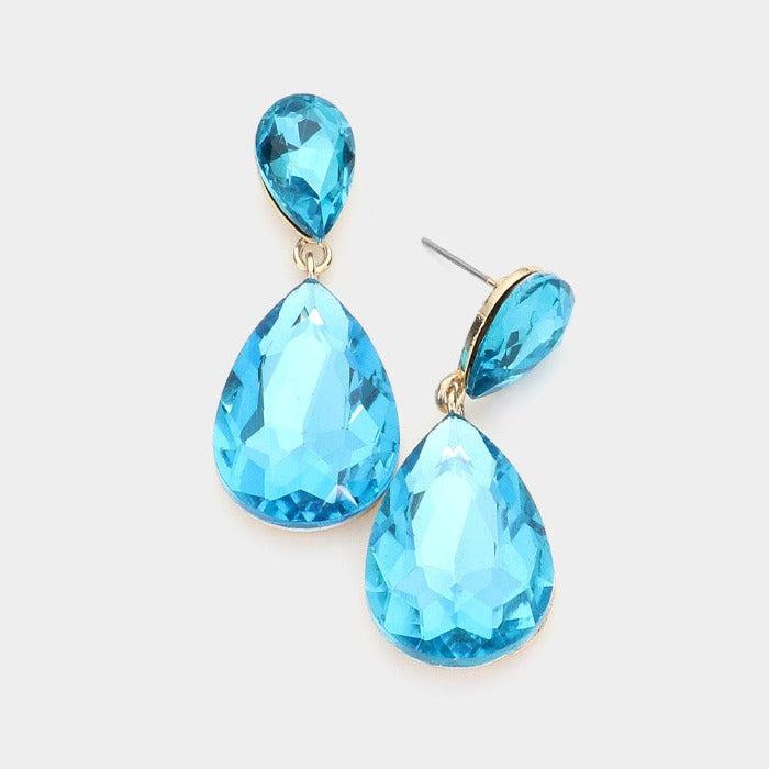 Blue Zircon Crystal Teardrop Gold Earrings