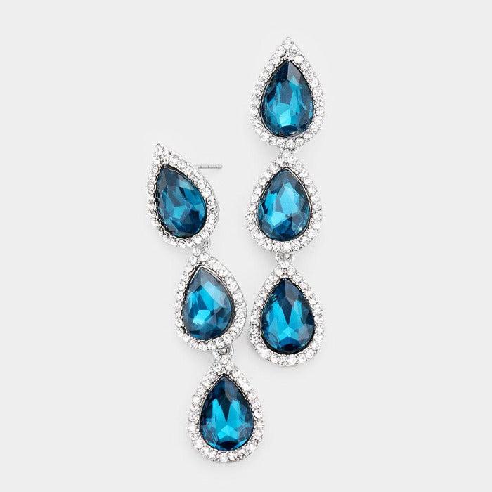 Blue Zircon Crystal Triple Teardrop Silver Earrings