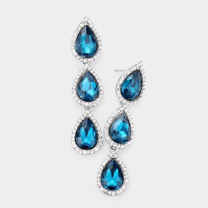 Blue Zircon Crystal Triple Teardrop Silver Earrings