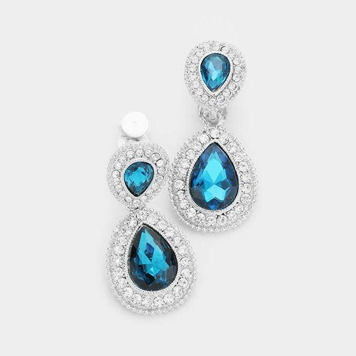 Blue Zircon Glass Crystal Pave Trim Teardrop Clip on Earrings