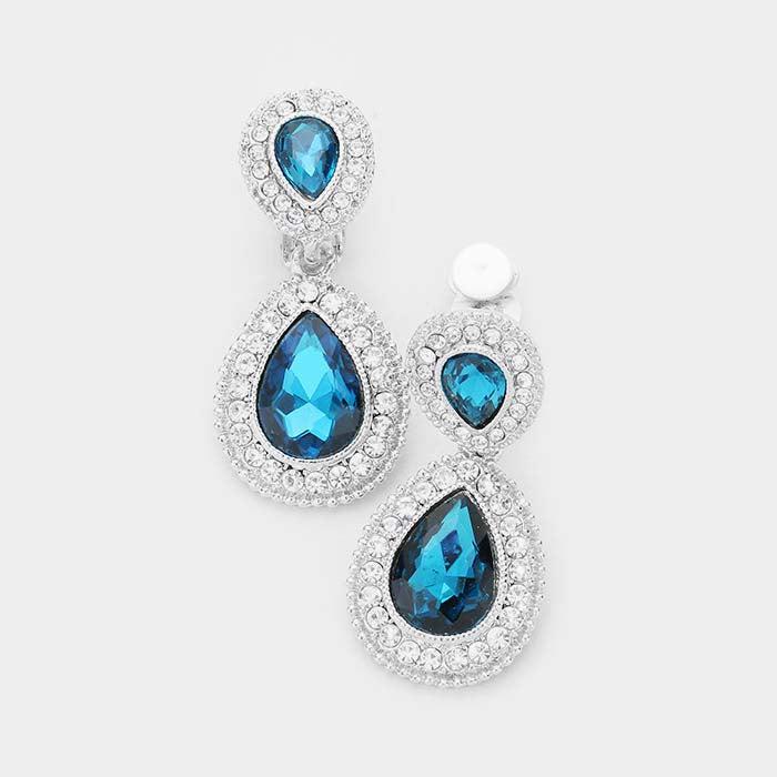 Blue Zircon Glass Crystal Pave Trim Teardrop Clip on Earrings