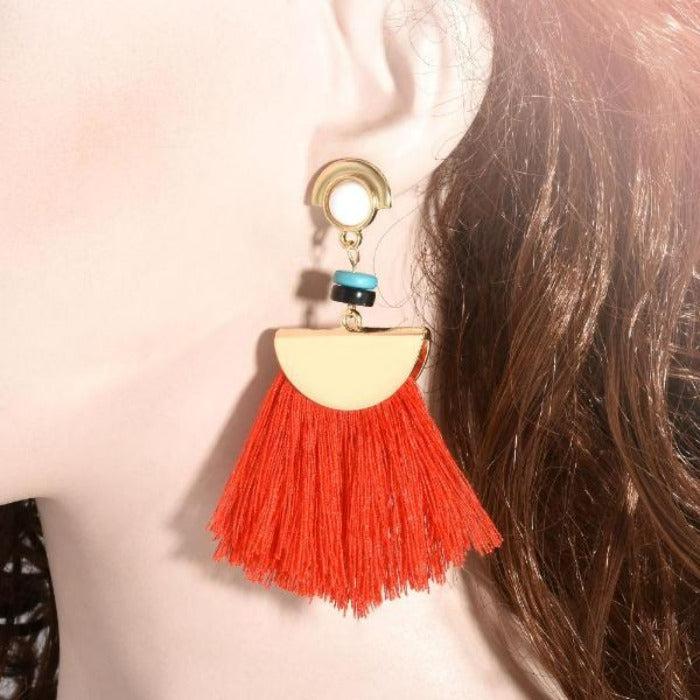 Bohemian Red Tassel Teal and Black Beads Dangle Earrings