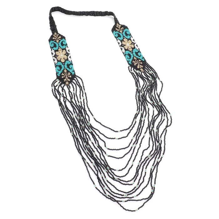 Black Detail Seed Beaded Multi Layered Bib Necklace