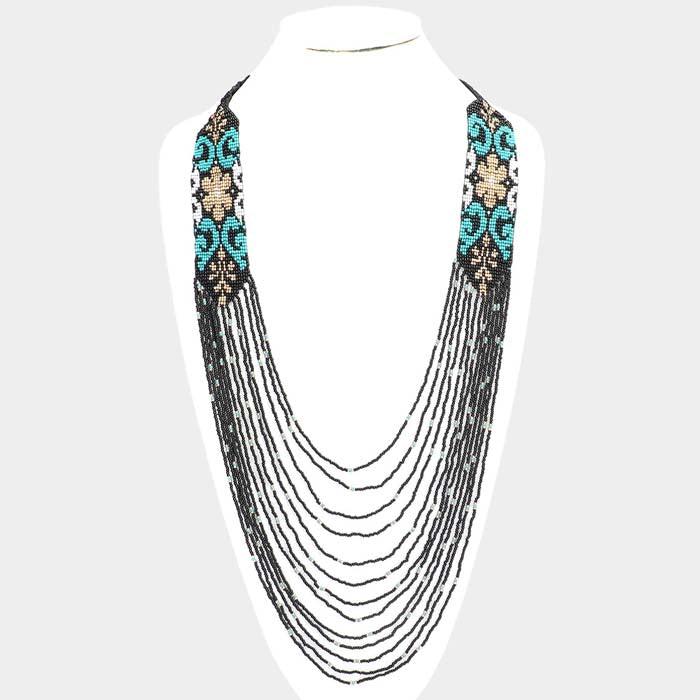 Black Detail Seed Beaded Multi Layered Bib Necklace