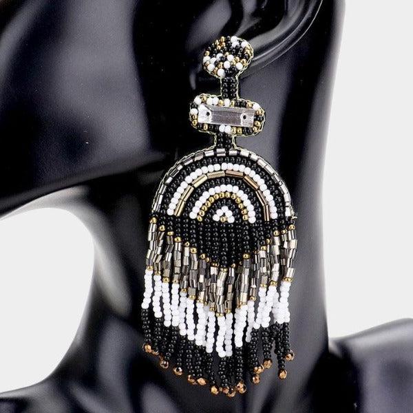 Boho Black Seed Beaded Fringe Earrings-Earring-SPARKLE ARMAND