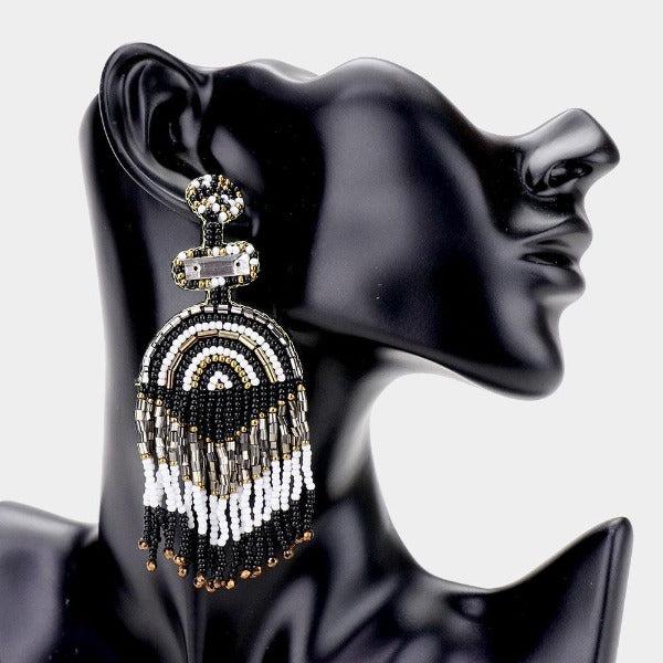 Boho Black Seed Beaded Fringe Earrings-Earring-SPARKLE ARMAND