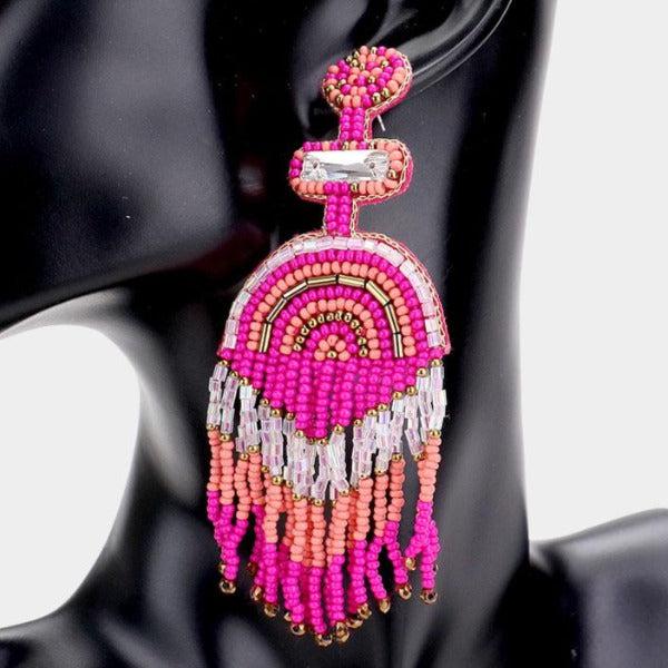 Boho Fuchsia Seed Beaded Fringe Earrings-Earring-SPARKLE ARMAND