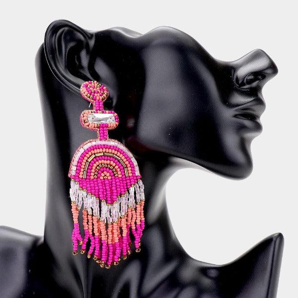 Boho Fuchsia Seed Beaded Fringe Earrings-Earring-SPARKLE ARMAND