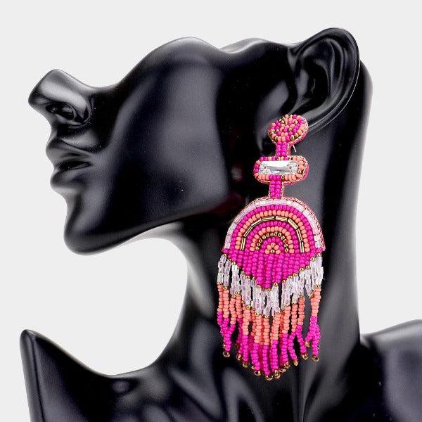 Boho Fuchsia Seed Beaded Fringe Earrings-Earring-SPARKLE ARMAND