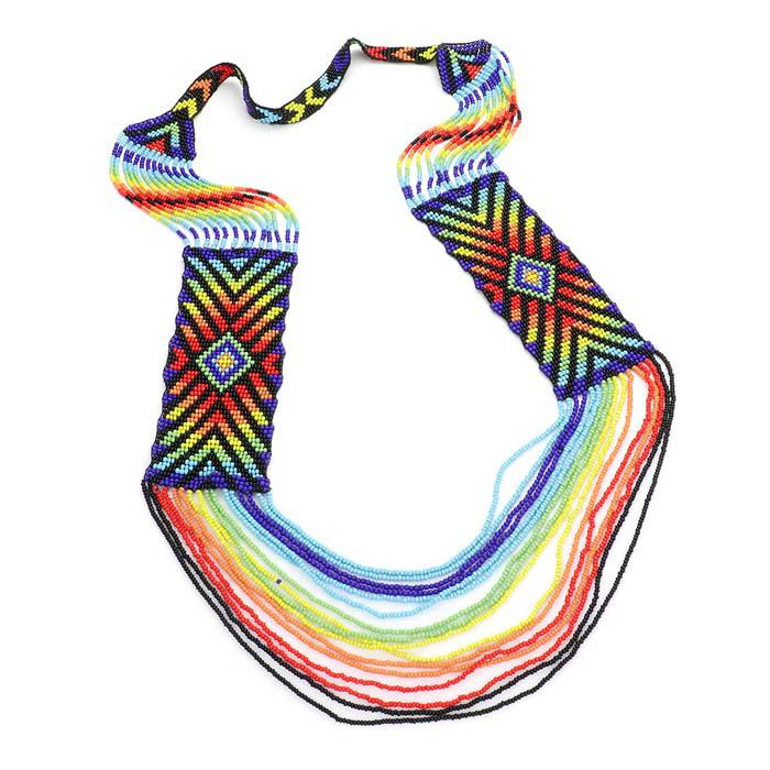 Boho Pattern Detail Colorful Seed Beaded Multi Layered Bib Necklace