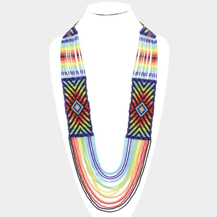 Boho Pattern Detail Colorful Seed Beaded Multi Layered Bib Necklace