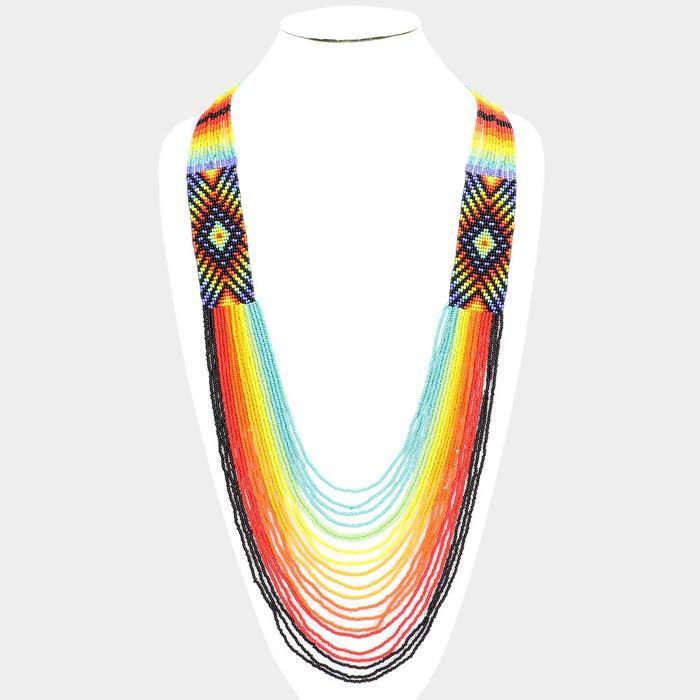 Boho Pattern Detail Colorful Seed Beaded Multi Layered Bib Necklace