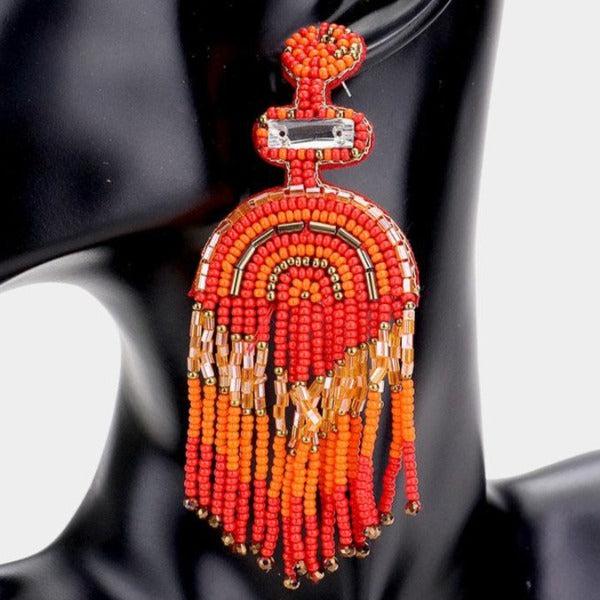 Boho Red Seed Beaded Fringe Earrings-Earring-SPARKLE ARMAND