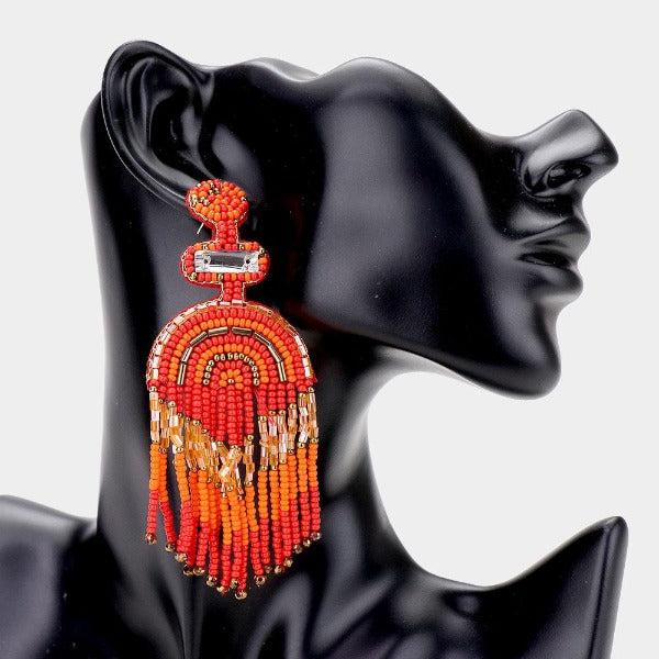 Boho Red Seed Beaded Fringe Earrings-Earring-SPARKLE ARMAND