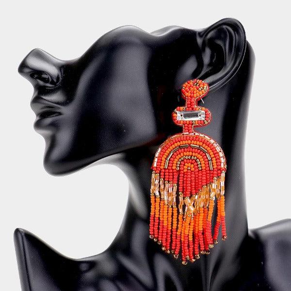 Boho Red Seed Beaded Fringe Earrings-Earring-SPARKLE ARMAND