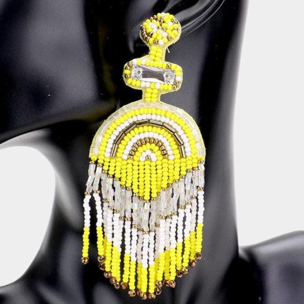 Boho Yellow Seed Beaded Fringe Earrings