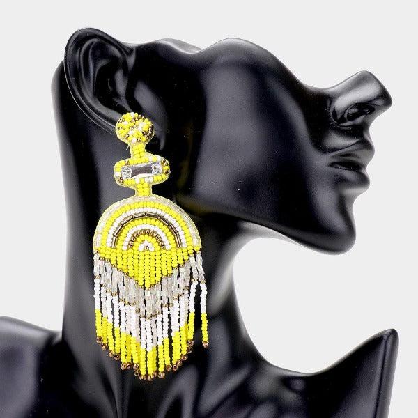 Boho Yellow Seed Beaded Fringe Earrings