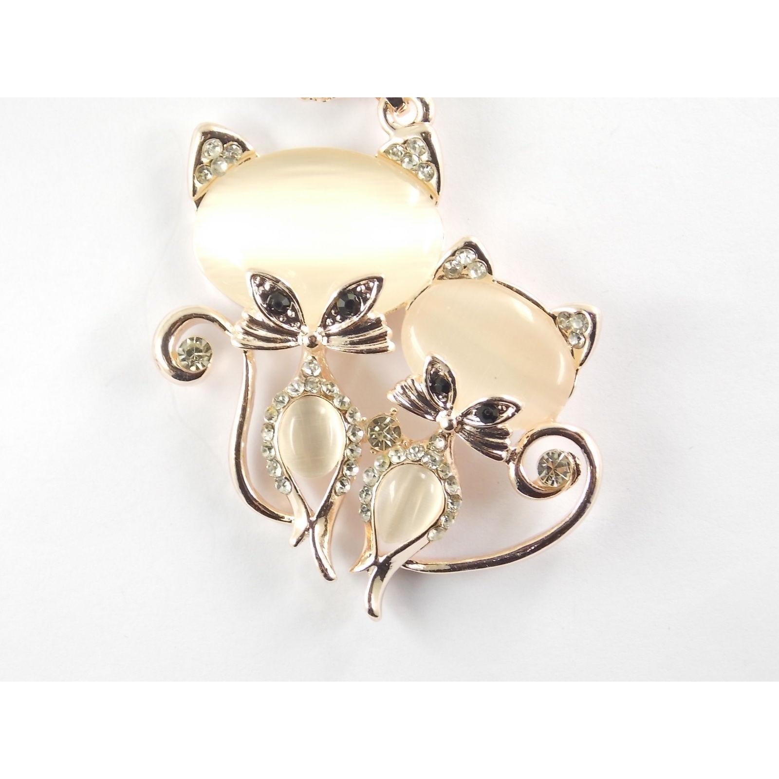 Bonsny Adorable Clear Rhinestone Kitty Cats Gold Necklace-Necklace-SPARKLE ARMAND