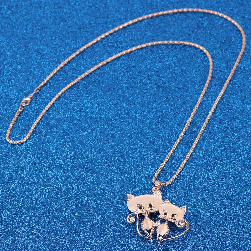 Bonsny Adorable Clear Rhinestone Kitty Cats Gold Necklace-Necklace-SPARKLE ARMAND