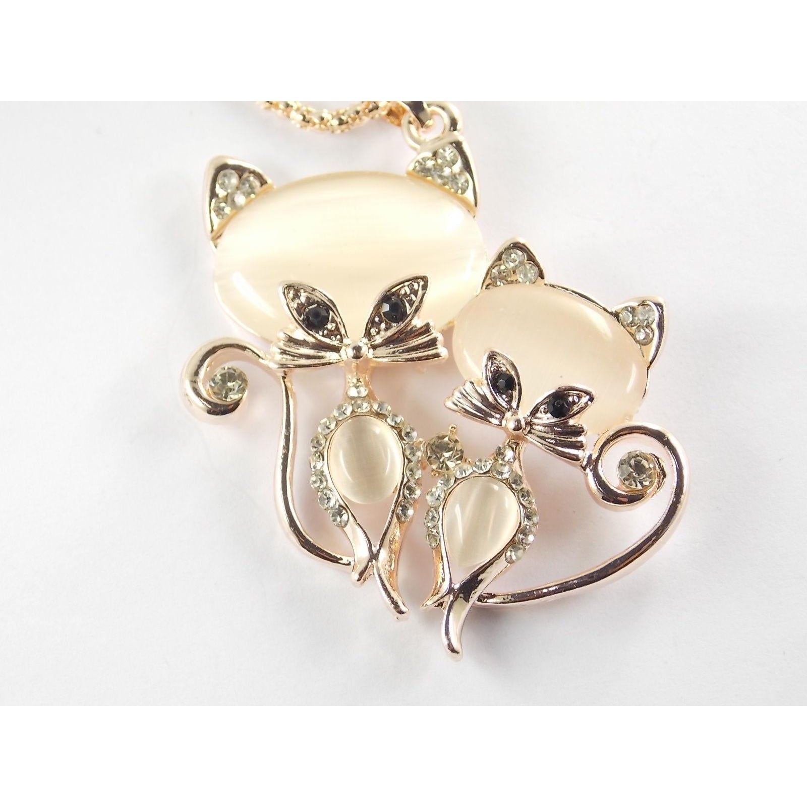 Bonsny Adorable Clear Rhinestone Kitty Cats Gold Necklace-Necklace-SPARKLE ARMAND