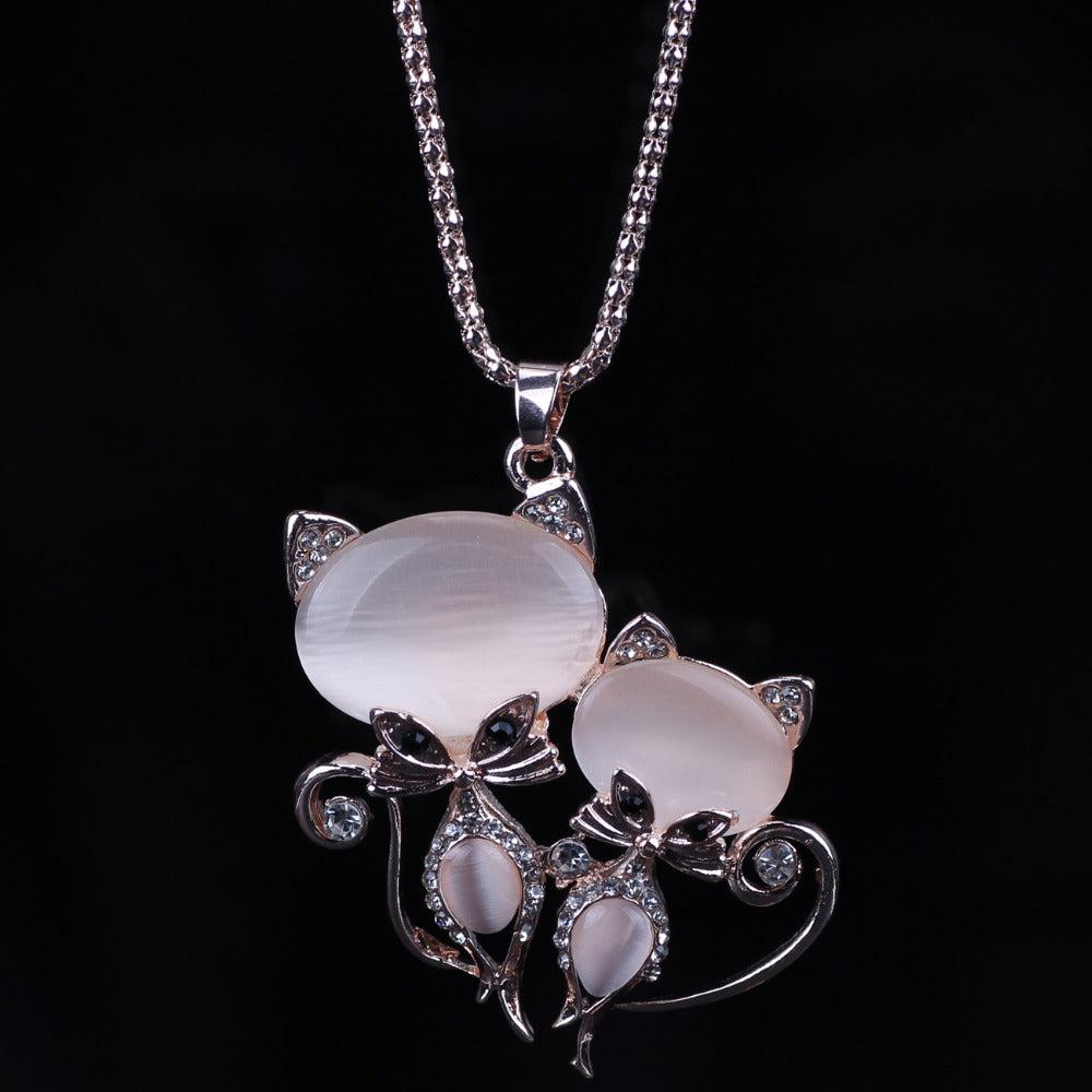 Bonsny Adorable Clear Rhinestone Kitty Cats Gold Necklace-Necklace-SPARKLE ARMAND
