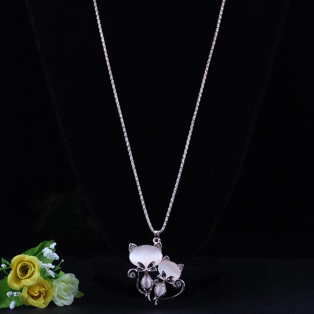 Bonsny Adorable Clear Rhinestone Kitty Cats Gold Necklace-Necklace-SPARKLE ARMAND