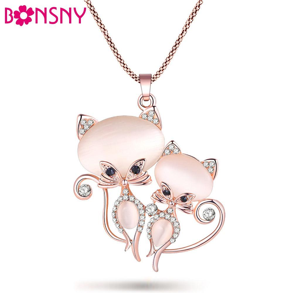 Bonsny Adorable Clear Rhinestone Kitty Cats Gold Necklace-Necklace-SPARKLE ARMAND
