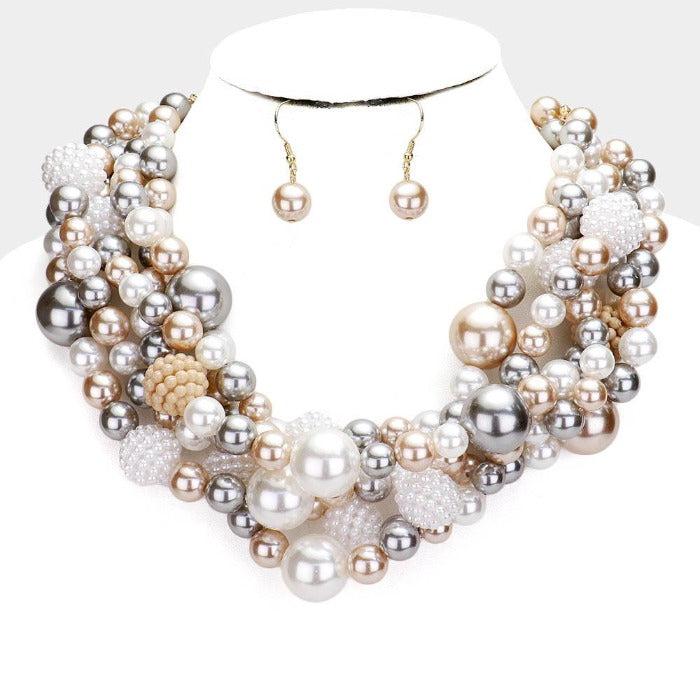 Braided Brown, Gray, White Pearl Necklace Set by V Foxy Collection