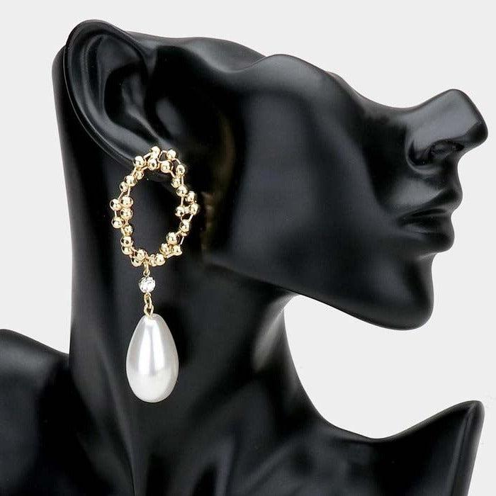 Braided Gold Metal Ball Detail Pearl Link Dangle Earrings