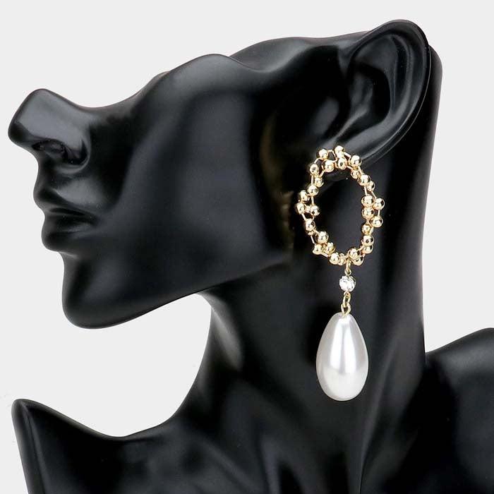 Braided Gold Metal Ball Detail Pearl Link Dangle Earrings