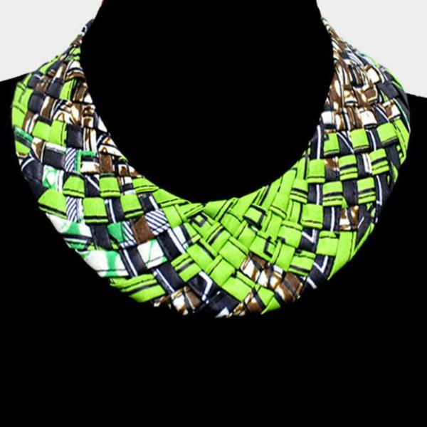 Braided Patterned Green Fabric Bib Necklace-Necklace-SPARKLE ARMAND