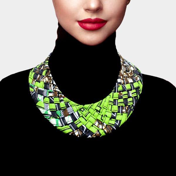 Braided Patterned Green Fabric Bib Necklace-Necklace-SPARKLE ARMAND