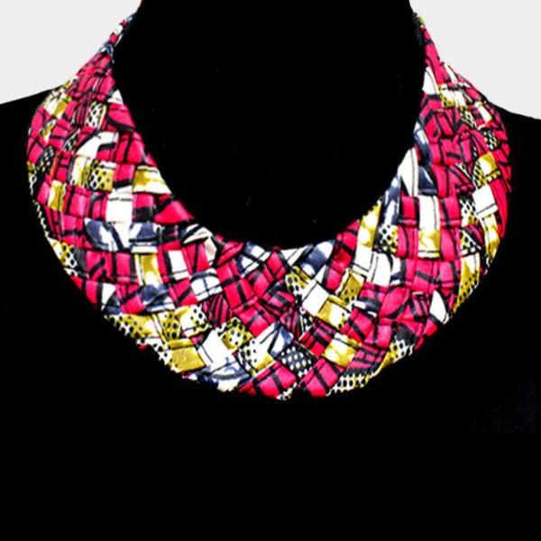 Braided Patterned Pink Fabric Bib Necklace-Necklace-SPARKLE ARMAND
