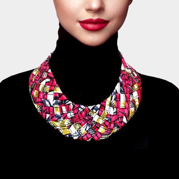 Braided Patterned Pink Fabric Bib Necklace-Necklace-SPARKLE ARMAND