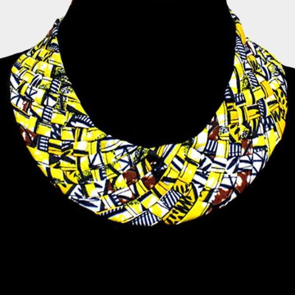 Braided Patterned Yellow & Navy Blue Fabric Bib Necklace-Necklace-SPARKLE ARMAND