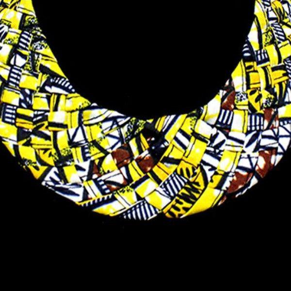 Braided Patterned Yellow & Navy Blue Fabric Bib Necklace-Necklace-SPARKLE ARMAND