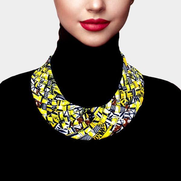 Braided Patterned Yellow & Navy Blue Fabric Bib Necklace-Necklace-SPARKLE ARMAND