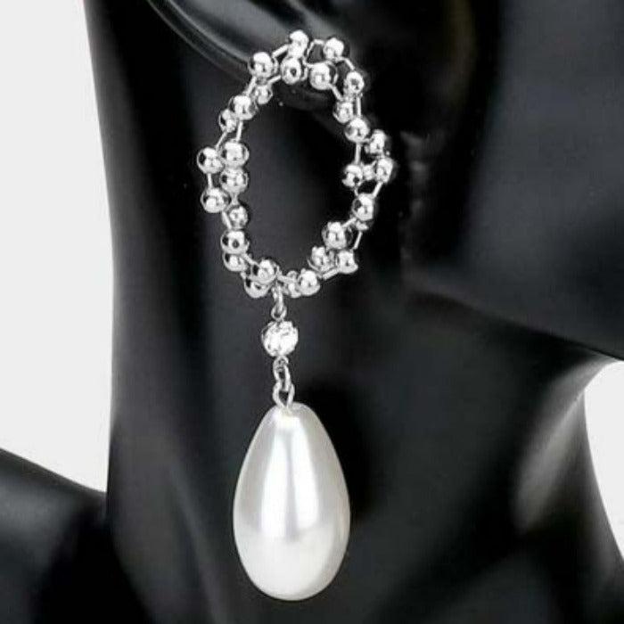 Braided Silver Metal Ball Detail Pearl Link Dangle Earrings