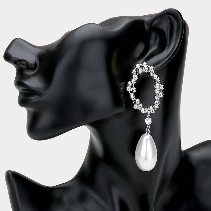 Braided Silver Metal Ball Detail Pearl Link Dangle Earrings