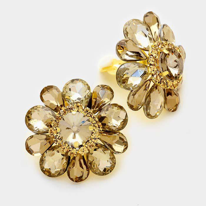 Brown Flower Crystal Clip On Earrings