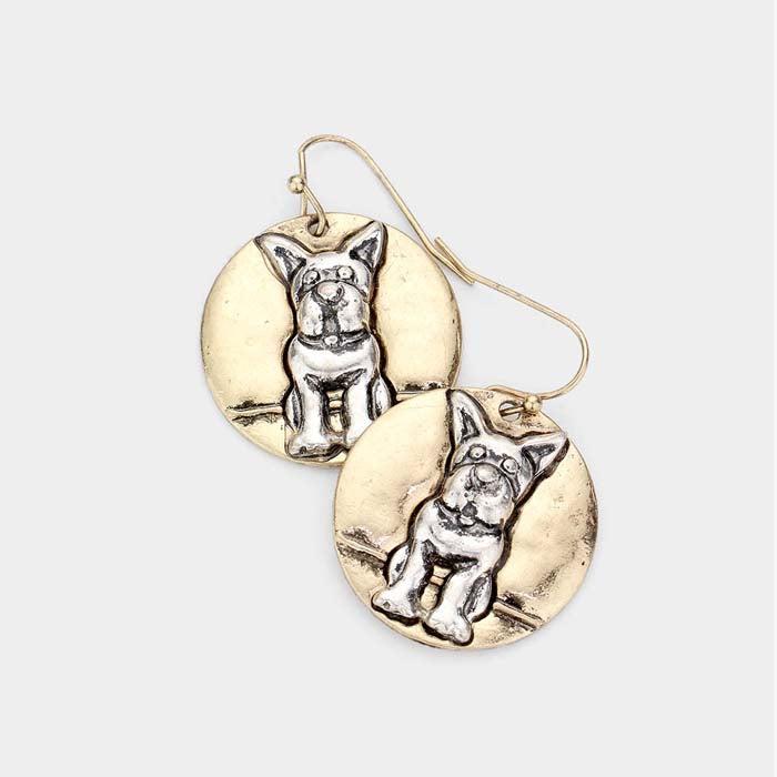 Bulldog Accented Two Tone Metal Round Dangle Earrings-Earring-SPARKLE ARMAND