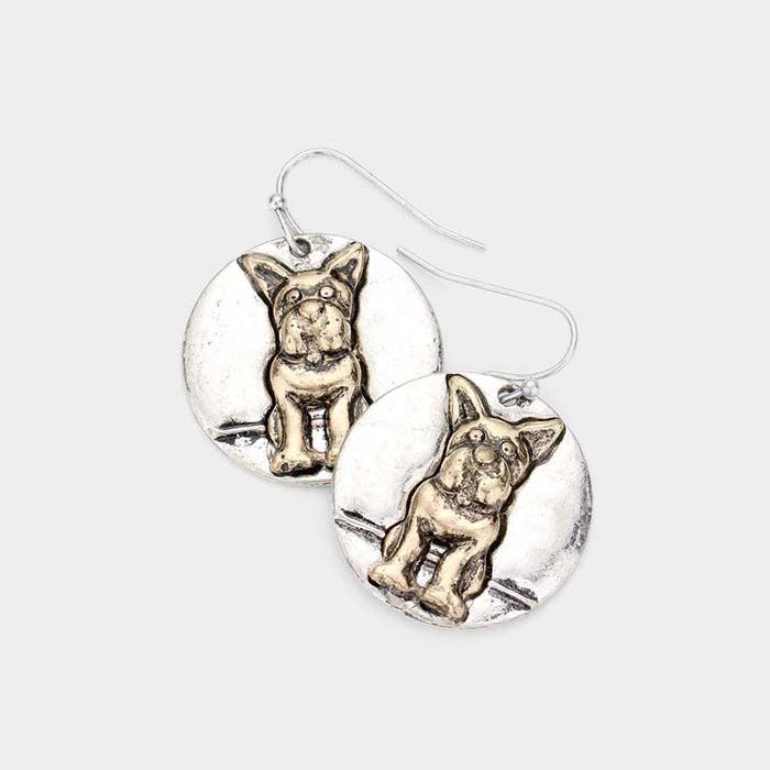 Bulldog Accented Two Tone Metal Round Dangle Earrings